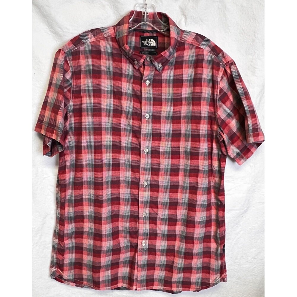 The North Face Shirt Mens L Red Plaid Button Up Hiking Inner Pocket Short Sleeve